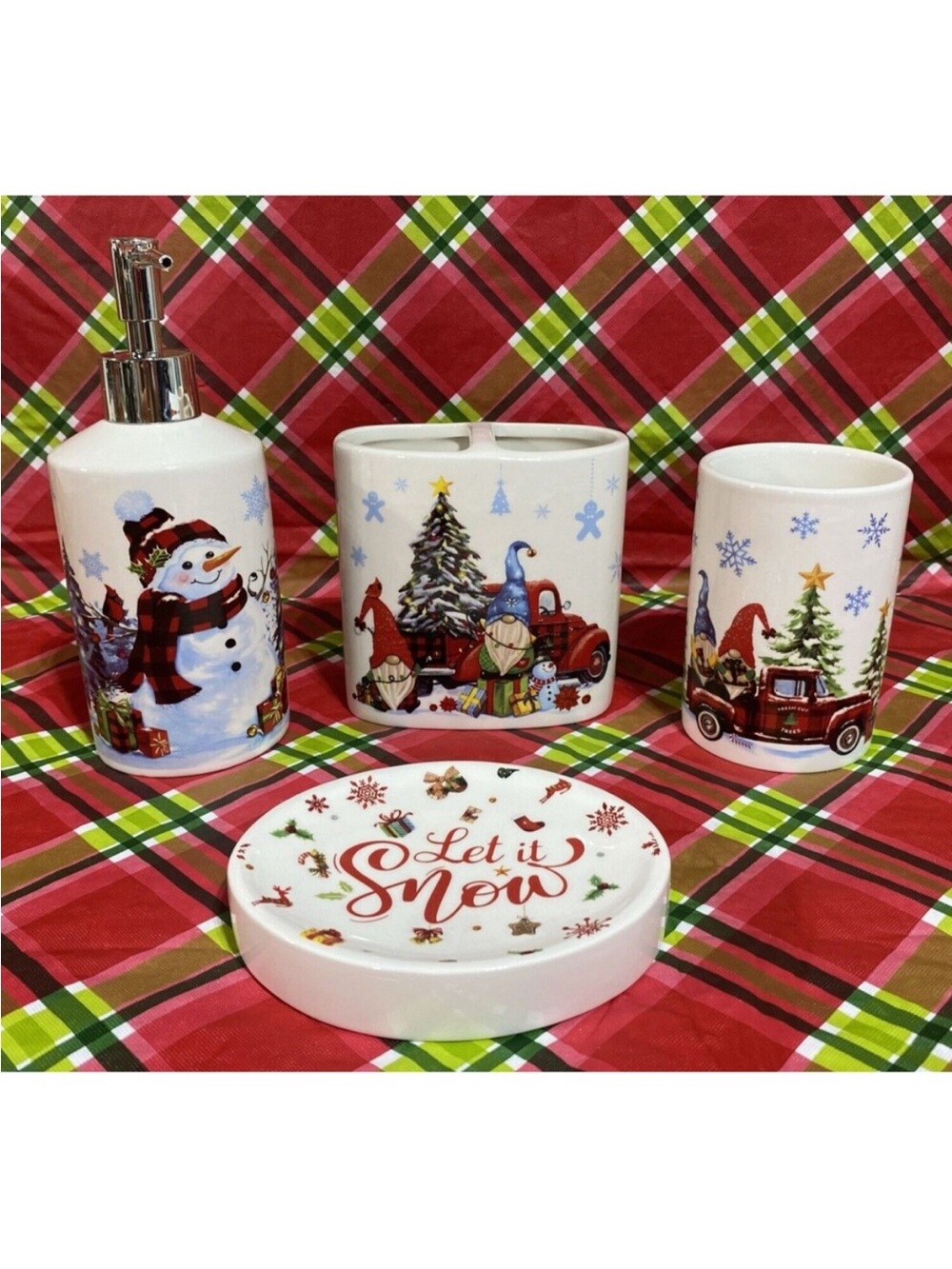 Christmas Bathroom Accessory Sets of 4 Gnome & Snowman Decor